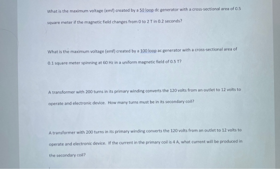 What is the maximum voltage (emf) created by a 50 loop de generator with a cross-sectional area of 0.5 square meter if the ma