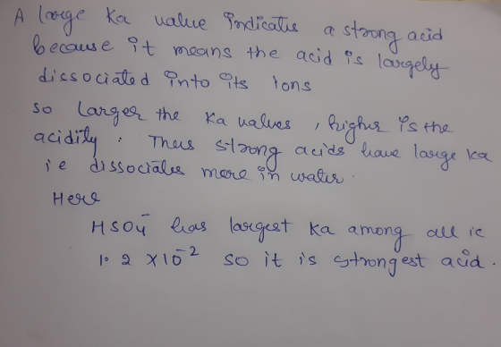 large ka Ka value indicates a strong acid because it means the acid is largely dissociated into its sons so larger the Ka val