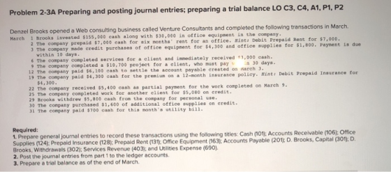 Problem 2-3A Preparing and posting journal entries; preparing a trial balance LO C3, C4, A1, P1, P2 Denzel Brooks opened a We