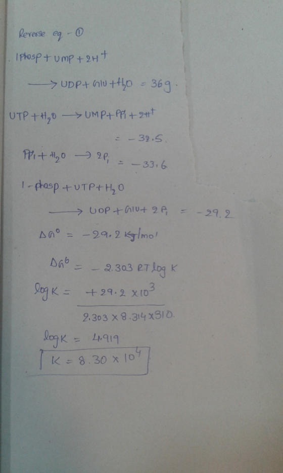 Reverse eq - 0 IPhosp tump + 2H+ UDP + Gluetho = 36g.) UTP 4,0 ±UMP PR +2 = -32.5. Ppit H₂0 2P; = - 33.6 -05p UTP H, 0 - > 00