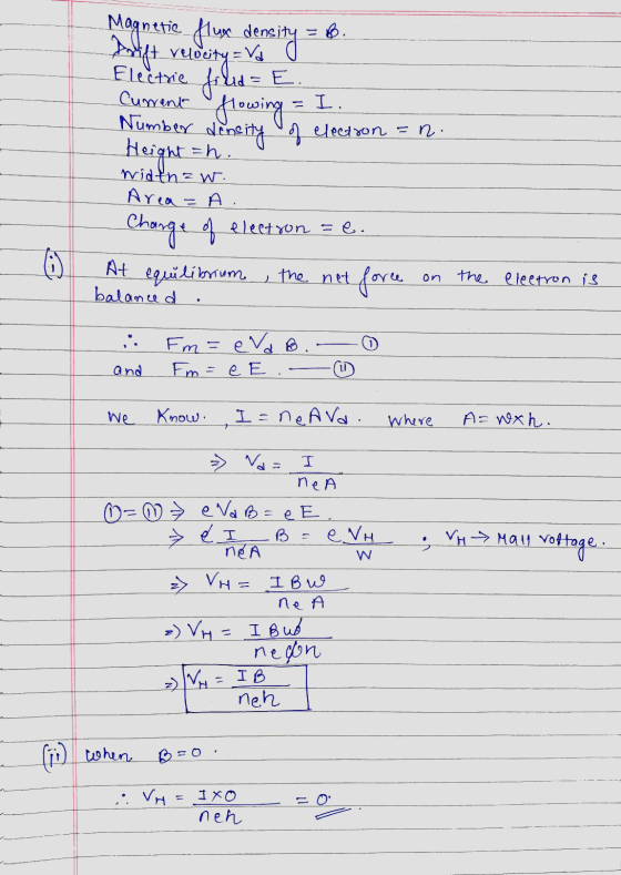 Magnetie flue density = 8 Drift velocity= Va Electric fruid = E Cument flowing In Number deneity of electron = n. = E. Height
