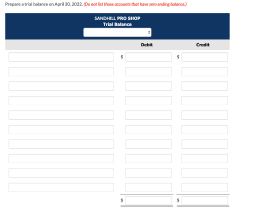 Prepare a trial balance on April 30, 2022. (Do not list those accounts that have zero ending balance.) SANDHILL PRO SHOP Tria