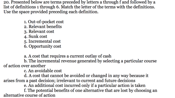 20. Presented below are terms preceded by letters a throughfand followed by a list of definitions 1 through 6. Match the lett
