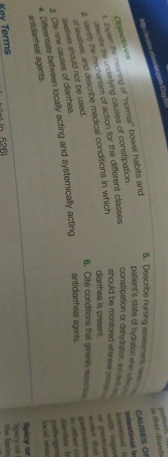 g of normal bowel habits and derlying causes of constipation. hanism of 5. Describe nursing ie that patients state of hydr
