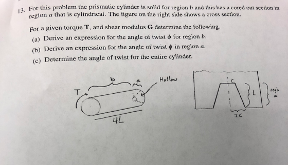 For this problem the prismatic cylinder is solid for region b and this has a cored out section in region a that is cylindrical. The figure on the right side shows a cross section For a given torque T, and shear modulus G determine the following. (a) Derive an expression for the angle of twist ф for region b. (b) Derive an expression for the angle of twist ф in region a. (c) Determine the angle of twist for the entire cylinder. 3 a Hollow Lre 2 C