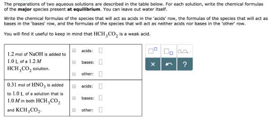 The preparations of two aqueous solutions are described in the table below. For each solution, write the chemical formulas of