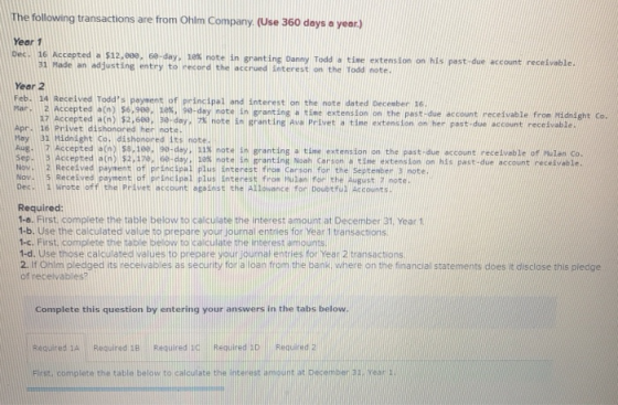 The following transactions are from Ohlm Company. (Use 360 days a year.) Year 1 Dec. 16 Accepted a $12,000, 60-day, 10% note