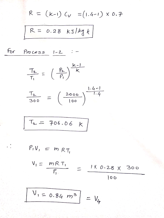 R = (k-1) Cv = (1.4-1) X 0.7 R = 0.28 kJ/kgu For Process 1-2 kal k Tz P2 ( Ti Pi Tz 1.4-1 1.4 2006 = 300 100 Tz = 706.06 k PI