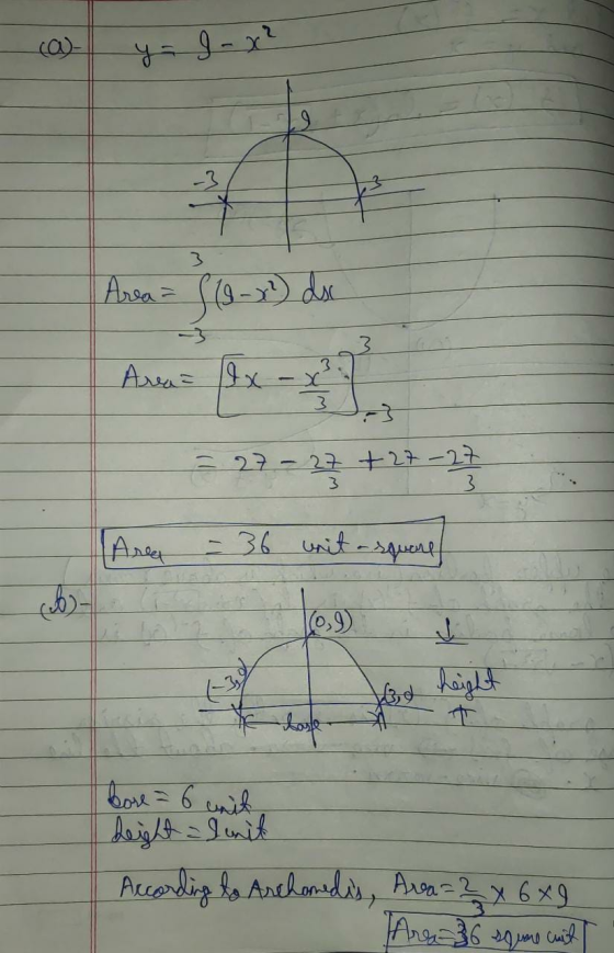 y = -x² 3 Area = {(9-x) dse 3 Area = I x - x 3 = 27 - 27 +27 - 27 3 3 Area - 36 wit asquene rebes (0,9 he height bore = 6 uni