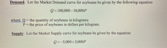 Demand: Let the Market Demand curve for soybeans be given by the following equation: Q=100,000 -10,000P where the quantity of