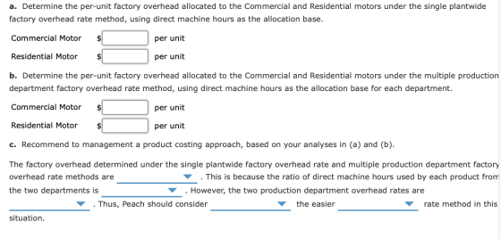 a. Determine the per-unit factory overhead allocated to the Commercial and Residential motors under the single plantwide fact