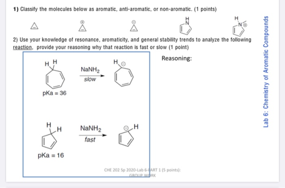 1) Classify the molecules below as aromatic, anti-aromatic, or non-aromatic. (1 points) 2) Use your knowledge of resonance, a
