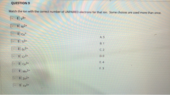 QUESTION 9 Match the ion with the correct number of UNPAIRED electrons for that ion. Some choices are used more than once. Ni