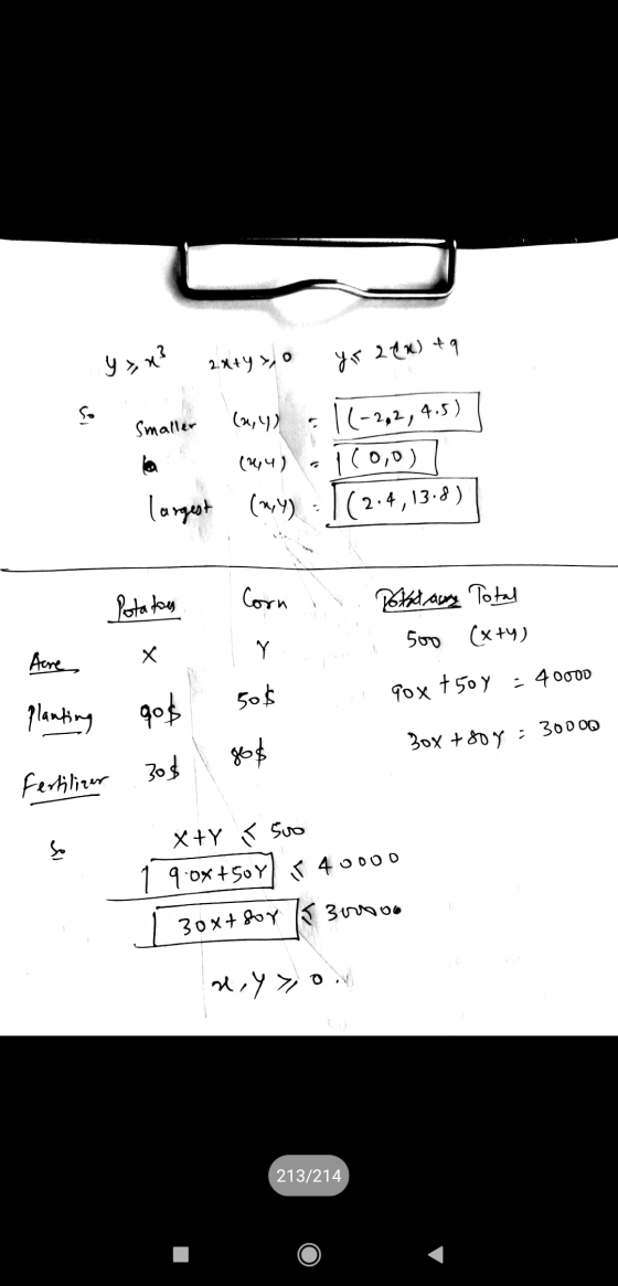 y > x? 2x+y), yr 26x) &q so Smaller (2,42 (2,4) 1(-2,2,4.5) 1 (0,0) |(2.4,13.8) largest (MY) Potatoes Corn Potatay Total 500