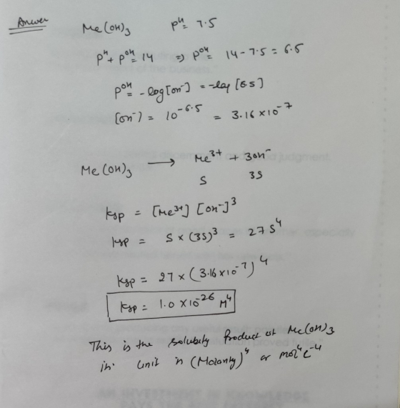 Anwer Me (OH) ph 7.5 ph + pon 14 » pour 14-75= 6.5 pon - logłon] =-lap [5.5] [on)= 10-6.5 = 3.16 8 107 Me (on), re3+ + 300 S