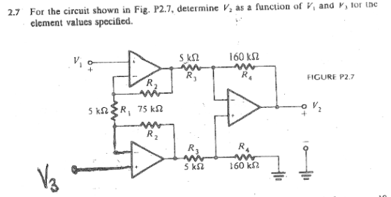 2.7 For the circuit shown in Fig. P2.7, determine V, as a function of V, and V, for the element values specified. VO 160 k 2