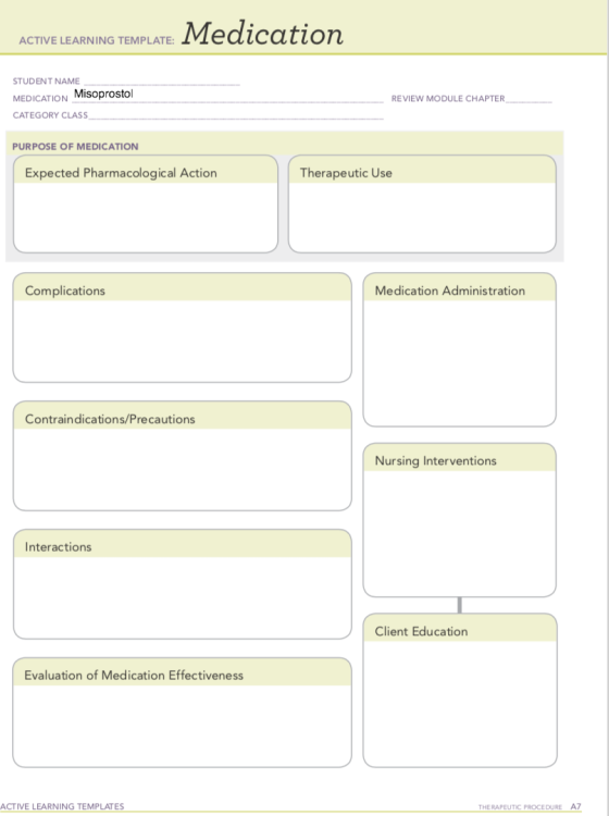 ACTIVE LEARNING TEMPLATE: Medication STUDENT NAME MEDICATION Misoprostol CATEGORY CLASS REVIEW MODULE CHAPTER PURPOSE OF MEDI