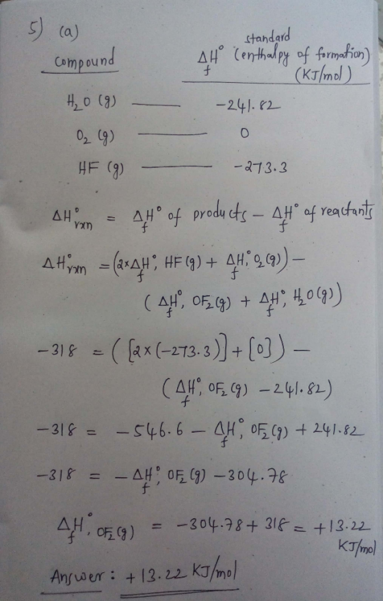 standard Compound H₂O(g) 5) (a) AH Centhalpy of formation) - (KJ/mol ) - 241.82 O2 (9) HF (g) – 27.3.3 Hann = 47° of products