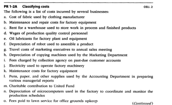 PR 1-2A Classifying costs OBJ. 2 The following is a list of costs incurred by several businesses: a. Cost of fabric used by c
