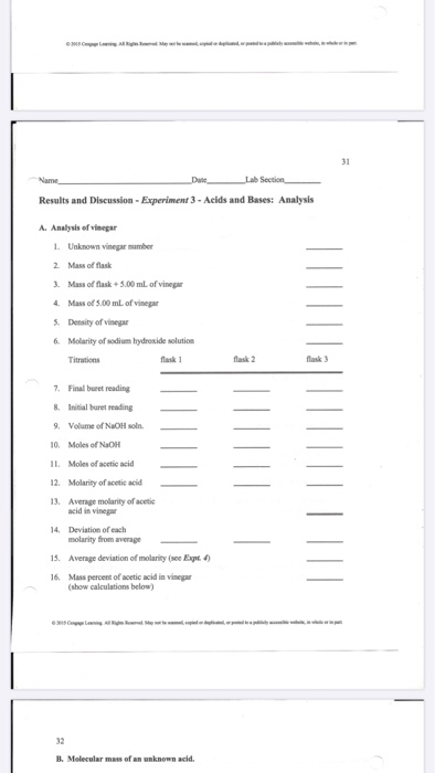 31 Name Dune La Section Results and Discussion - Experiment 3 - Acids and Bases: Analysis A. Analysis of vinegar 1. Unknown v