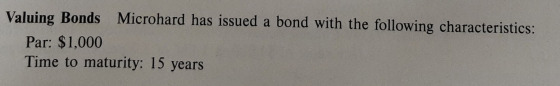Valuing Bonds Microhard has issued a bond with the following characteristics: Par: $1,000 Time to maturity: 15 years