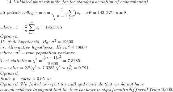 14.~Unbiased~point~estimate~for~the~standard~deviation~of~endowment~of\\ all~private~colleges=s=\sqrt{\frac{1}{n-1}\sum_{i=1}^n(x_i-\bar{x})^2}=143.247,~n=8.\\ where,~\bar{x}=\frac{1}{n}\sum_{i=1}^nx_i=186.5375\\ Option~a.\\ 15.~Null~hypothesis,~H_0:\sigma^2=19600~\\vs.~Alternative~hypothesis,~H_1:\sigma^2\neq 19600\\ where,~\sigma^2=true~population~variance\\ Test~statistic=\chi^2=\frac{(n-1)s^2}{19600}=7.3285\\ p-value=2P(\chi^2>7.3285|\chi^2\sim \chi^2_7)=0.791.\\ Option~d.\\ Since~p-value>0.05~so\\ Option~d.~We~failed~to~reject~the~null~and~conclude~that~we~do~not~have~\\~enough~evidence~to~suggest~that~the~true~variance~is~significantly~different~from~19600.