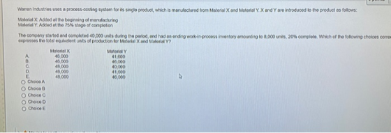Waren Industries uses a process-costing system for its single product, which is manufactured from Material and Material Y. X