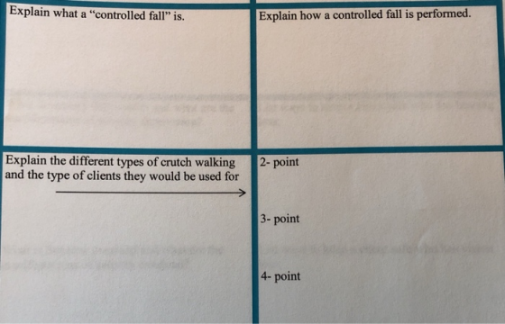 Explain what a controlled fall” is. Explain how a controlled fall is performed. Explain the different types of crutch walkin