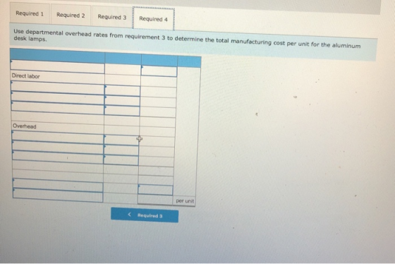 Required 1 Required 2 Required 3 Required 4 Use departmental overhead rates from requirement 3 to determine the total manufac