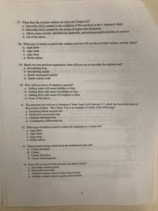 37. What does the enzyme catalase do (also see Chapter 6)? a. Detoxifies H.O, created in the oxidation of flavoprotein in the