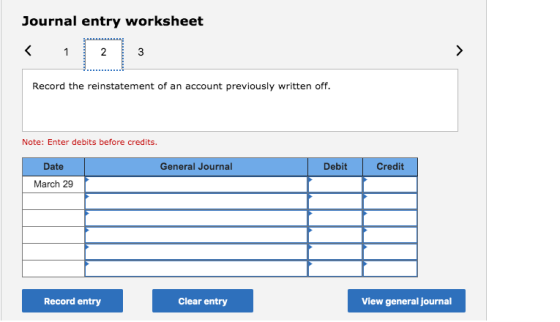 Journal entry worksheet 1 2 3 Record the reinstatement of an account previously written off. Note: Enter debits before credit
