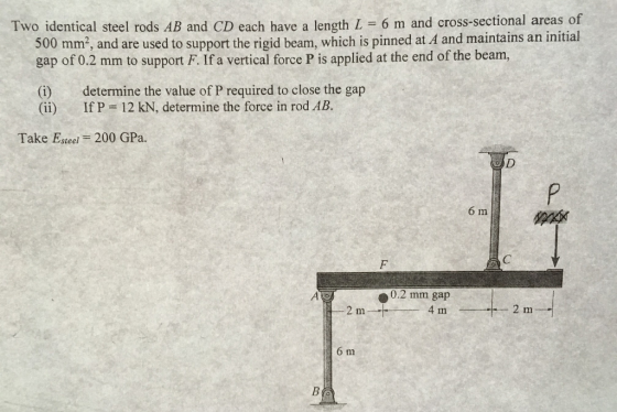 Two identical steel rods AB and CD each have a length L = 6 m and cross-sectional areas of 500 mm2, and are used to support the rigid beam, which is pinned at A and maintains an initial gap of 0.2 mm to support F. If a vertical force P is applied at the end of the beam, (i) (ii) determine the value of P required to close the gap If P = 12 kN, determine the force in rod AB. Take Estel-200 GPa. 6 m ● 0.2 mm gap 2m→トーーーー 4m 6 m