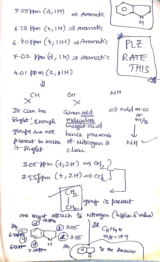 7.05ppm (dik) Aromatis 6.72 ppm (+, 1H) =) Aromatic 6-70ppm (t, 11H) =) Aromatic 7.02 ppror d, 1H) >> Aramatic ✓ PLZ RATE THI