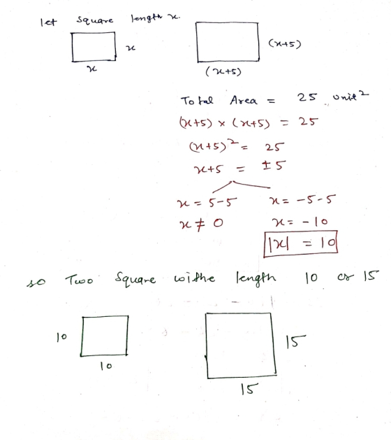 let square length re. (4+5) (22+5) unit? To fal Area = 25 04+5) x (x+5) = 25 (1+5)2= 25 xts = 15 2=5-5 n=-5-5 3= -10 Til = 10