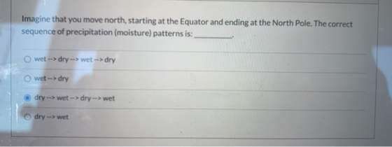Imagine that you move north, starting at the Equator and ending at the North Pole. The correct sequence of precipitation (moi