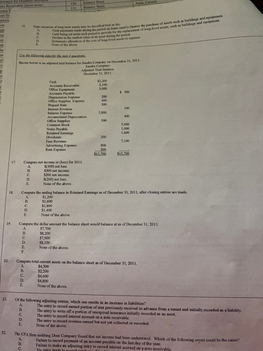 ) 120 Balance Sheet Receivable (short arketa turm y be described best as the during the period o f the coast och as building