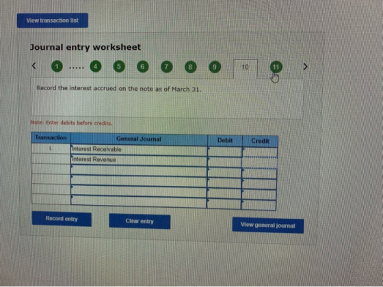 View transaction list Journal entry worksheet < 0..... O O O O O O O O > Record the interest accrued on the note as of March