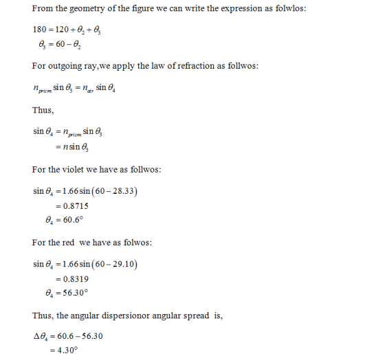 From the geometry of the figure we can write the expression as folwlos: 180 120+82+e ,600 or outgoing ray,we apply the law of