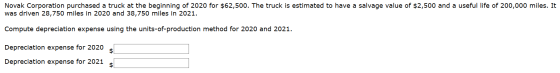 Novak Corporation purchased a truck at the beginning of 2020 for $62,500. The truck is estimated to have a salvage value of $