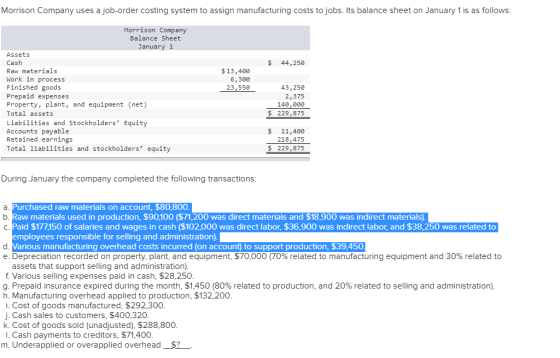 Morrison Company uses a job-order costing system to assign manufacturing costs to jobs. Its balance sheet on January 1 is as
