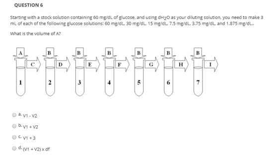 QUESTION6 Starting with a stock solution containing 60 mg/dL of glucose, and using dH20 as your diluting solution, you need t
