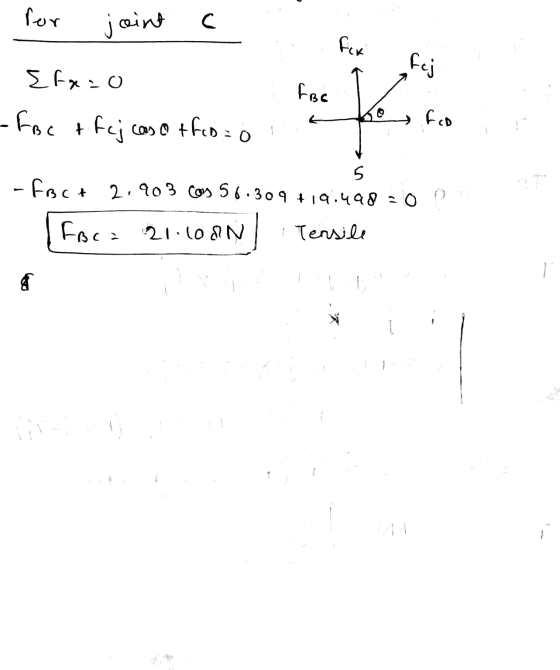 for joint a to fejl {fx=0 -foc & fcj cas offisao i foc to fid ir -Fact 2,903 cos 56.309 +19498 - 0 - Foca 21.100N/ Tensile