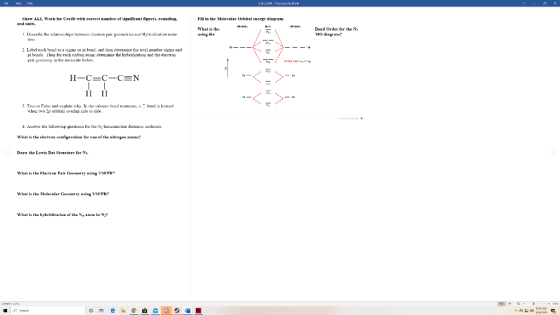 Cdi. Cabe Show ALL Work for Credit with correct number of significant figures, rounding and units. Fill in the Molecular Orbi