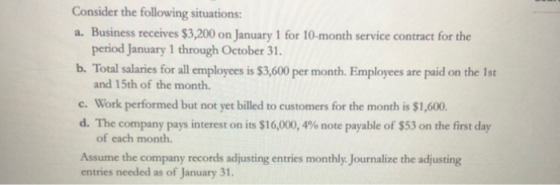 Consider the following situations: a. Business receives $3,200 on January 1 for 10-month service contract for the period Janu