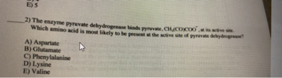 ES 4) The enzyme pyruvate dehydrogenase binds arvate. CH.COYCOO is ctive Which amino acid is most likely to be present at the