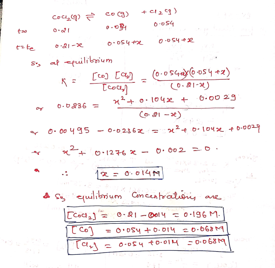 STATIST Cock (9) co(g) + Cl2 cg ) to 0.2l a-Ore oosa tate 0-21-2 0.054 exe o osuta so, at equilibrium ka [co] [c] - (0-0.54*2