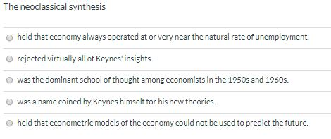 The neoclassical synthesis held that economy always operated at or very near the natural rate of unemployment. rejected virtu
