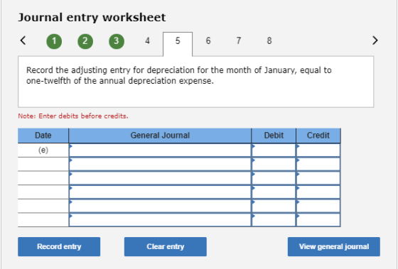 Journal entry worksheet < 2 3 4 5 6 7 8 Record the adjusting entry for depreciation for the month of January, equal to one-tw