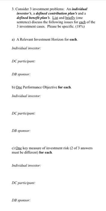 3. Consider 3 investment problems: An individual investors, a defined contribution plans and a defined benefit plans List a