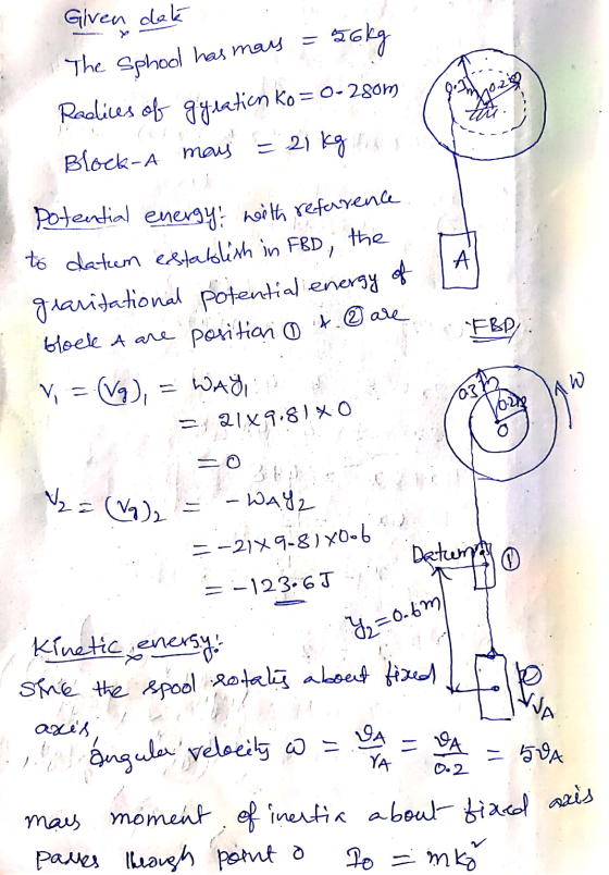 Potential energy with referrence 56kg Glven dak The Sphool has mas Raslices of gylation Ko = 0-280m Block-A may = 21 kg 9:21